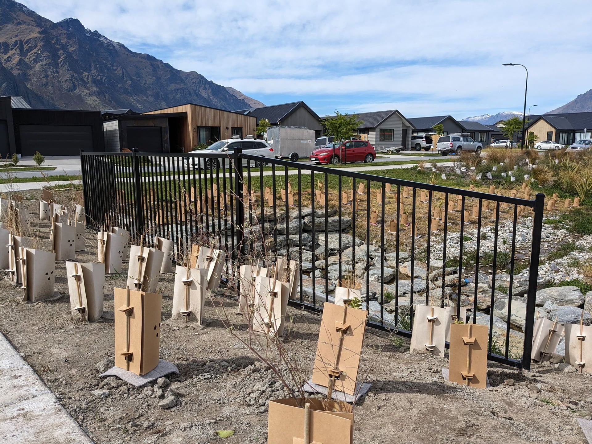 Black tubular security fencing on a new subdivision, Queenstown